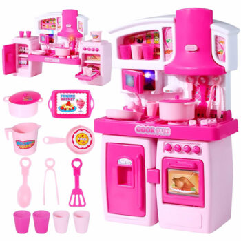 Kids Pink Kitchen Playset with Lights, Sound & Accessories – Pretend Cooking Fun