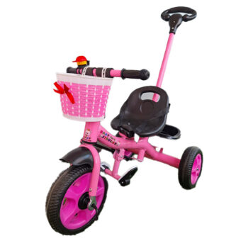 Kids Tricycle with Push Handle & Basket – Pink, Sturdy, and Parent-Controlled